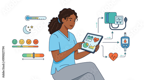 Young black woman analyzing health data on tablet in healthcare setting  