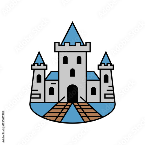 A detailed illustration of a grey stone castle with blue turrets and a grand entrance stands on a blue base.