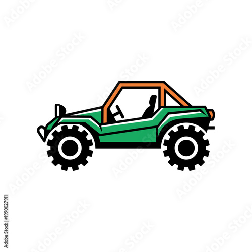 A bright green dune buggy with large black tires and an orange roll cage is depicted from the side.