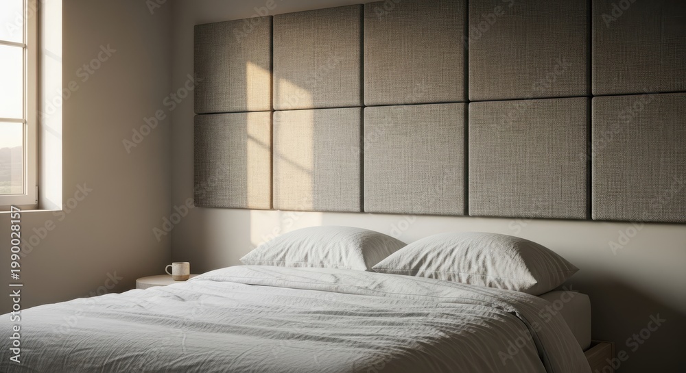 Naklejka premium Woven acoustic fabric panels in natural linen above a bed with white bedding and sunlight in a serene bedroom.
