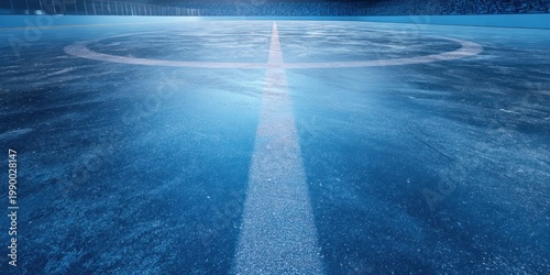 Ice rink surface with blue lines and markings for ice hockey, smooth textured surface with visible ice surface patterns