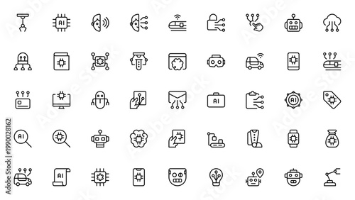 Artificial Intelligence icon set. Vector illustration pack featuring pulley, microprocessor, signal, cloud, programming, connectivity, mobile phone, and more. Editable stroke.