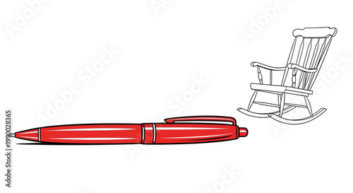 Red ballpoint pen and outline of a wooden rocking ch.air illustration.