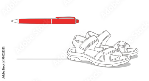 Minimalist line illustration of a red pen and casual summer sandals