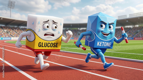 Funny 3D Cartoon Characters Glucose and Ketone Racing on Athletic Track – Metabolism Energy Concept