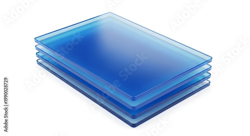 Stacked translucent blue glass panes with subtle pixelation on edges, isolated on white, representing digital data layers or material sheets