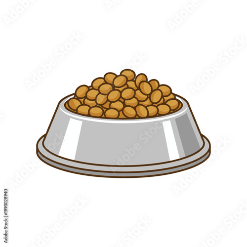 A metallic bowl overflowing with dry dog food kibble represents pet nutrition and care.