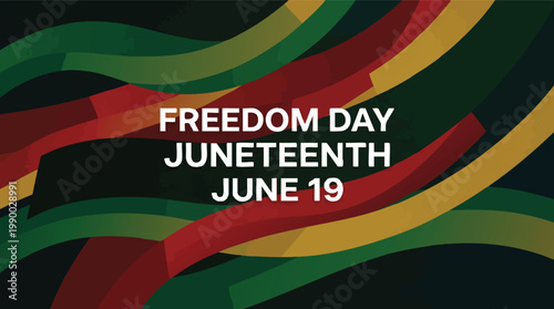 Abstract Juneteenth graphic featuring white Freedom Day text over flowing Pan-African colored waves celebrating June 19th emancipation.