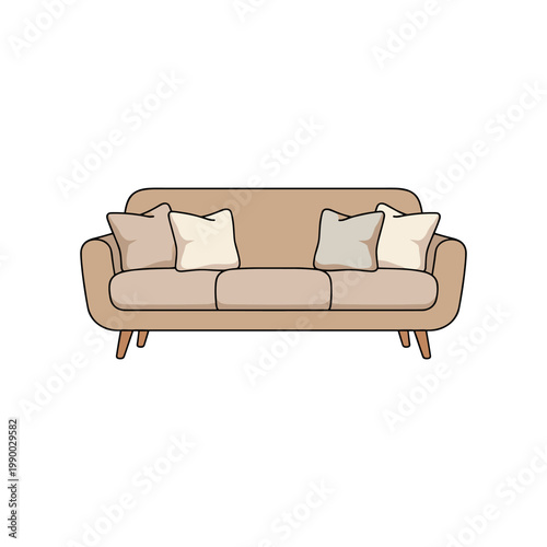 A comfortable, modern sofa in a light beige color is arranged with four plush pillows for a welcoming aesthetic.