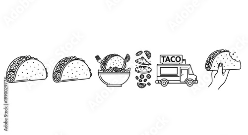Tacos and taco truck icons line.