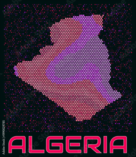 Algeria digital style hexagon map. Vibrant magenta purple pink neon dotted shape. Country tiny bright hexagon cells. Algeria honeycomb map design. Stylish Vector Illustration.