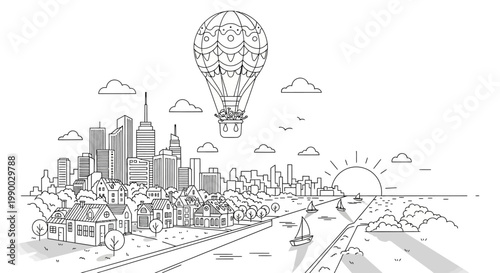 Hot air balloon flying over city.