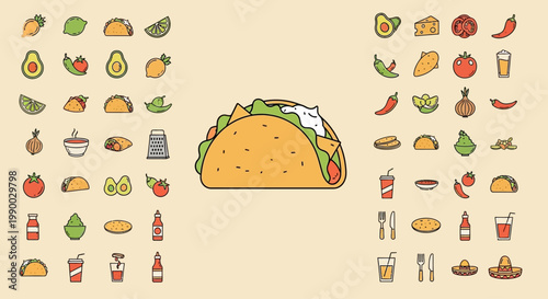 Taco with various food ingredients around.