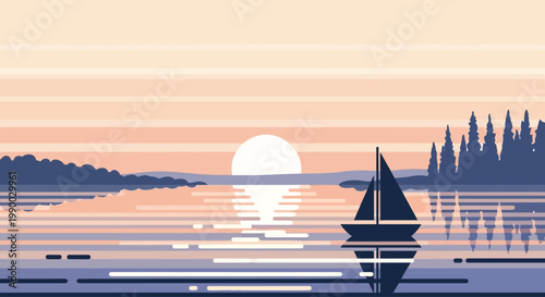 Sailboat on calm water surface.