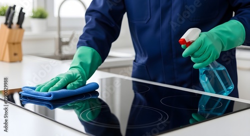 A person in green gloves cleans a black glass stove top with a blue cloth and cleaning spray. Hygiene and tidiness concept.