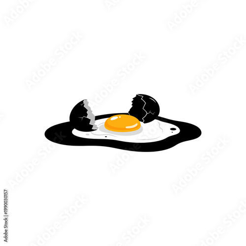 A cracked egg with a runny yolk on a white background