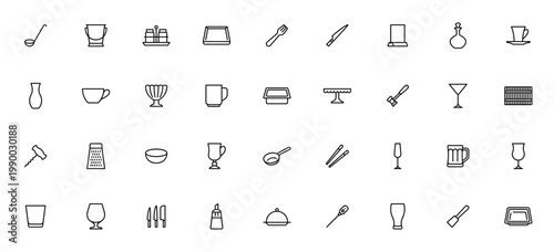 Kitchen Utensil icon set. Minimal vector icons pack. Includes ladle, fork, knife, pan, bowl, coffee cup, beer mug, champagne glass, corkscrew, grater and more.