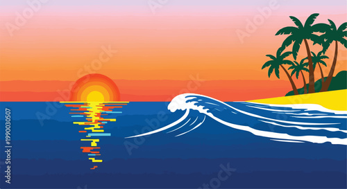 Tropical sunset beach scene with palm trees and ocean wave