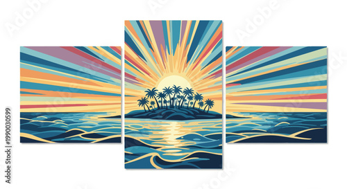 Tropical Island Sunset Triptych Graphic Art