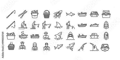 icon sheet collection of commercial and recreational fishing activities, boat types, shark encounters, and marine equipment for sea life exploration.