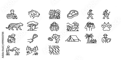 icon sheet collection of tiger conservation, field research, jungle trekking, wildlife monitoring, and habitat exploration equipment for professional rangers and biologists.