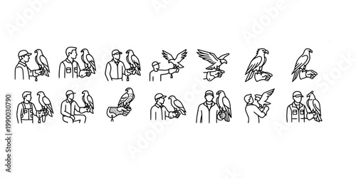icon sheet collection of falconry art, featuring handlers with eagles and hawks, training birds of prey, and traditional predatory bird interaction.
