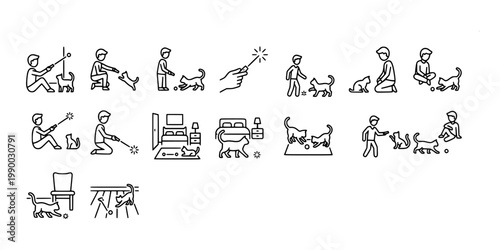 icon sheet collection of interactive cat play, featuring laser pointers, ball toys, chasing behavior, and bonding activities between owners and pets.