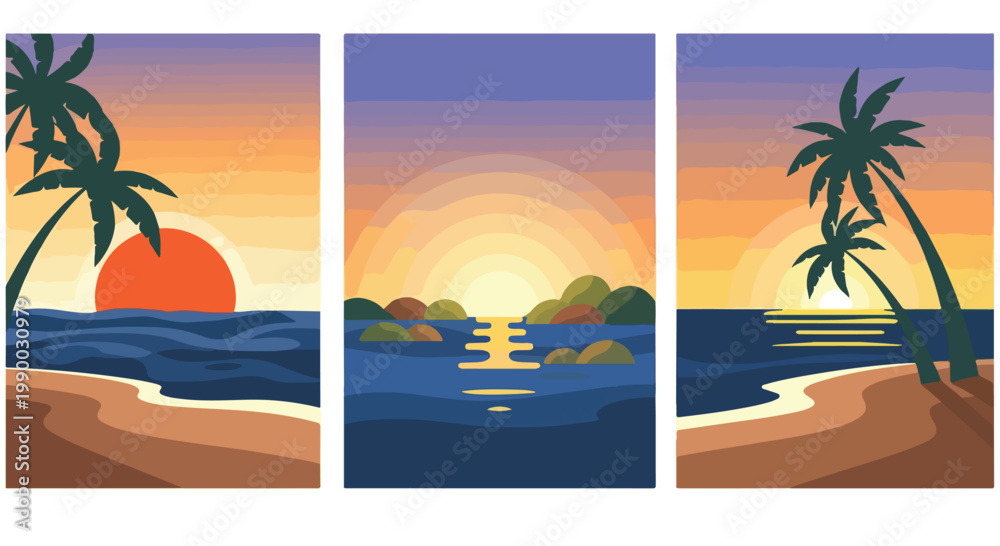 Obraz premium Tropical beach sunset triptych flat vector illustration set