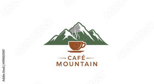 Mountain Cafe Logo with Coffee Cup and Snowy Peaks