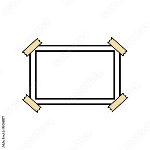A simple rectangular picture frame is taped to a white background with four pieces of tape.