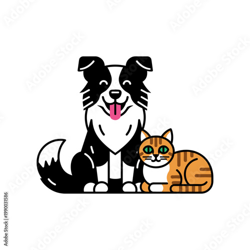 A friendly border collie dog and a tabby cat sit together in a cute illustration.