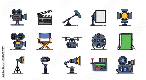 Modern set of filmmaking and cinema equipment icons with bold black line art and flat colors. Includes professional video production tools in minimal clean style.