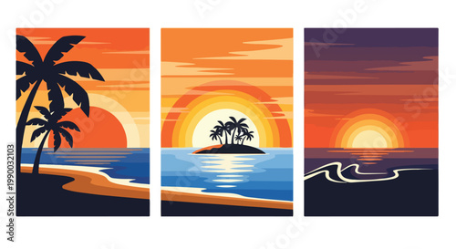 Minimalist tropical sunset beach landscape vector illustration set