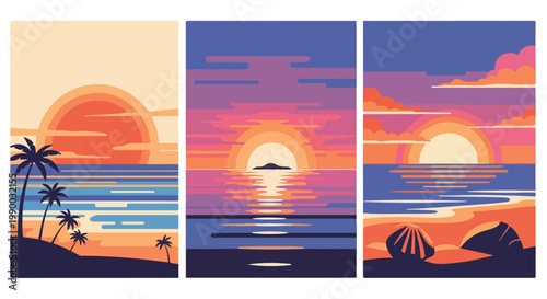 Minimalist tropical sunset beach vector illustration triptych