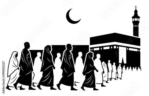 Islamic Hajj Pilgrimage Silhouette with People Walking to Kaaba under Crescent Moon Capturing the Spiritual Vibe of Eid Al Adha Religious Journey Vector Illustration Isolated