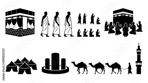 Mecca Hajj Islamic Journey Silhouette Element with Kaaba Praying Pilgrims Tents Jamarat Camels Minaret Reflecting Spiritual Vibe of Eid Al Adha Vector Graphic Design Template