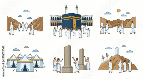 Colorful Hajj Pilgrimage Flat Line Icons with Kaaba Mount Arafat Mina Tents Jamarat Bringing the Peaceful Vibe of Eid Al Adha Islamic Religious Vector Illustration Background