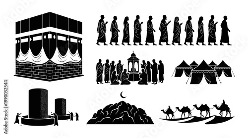 Islamic Hajj Pilgrimage Silhouette Set with Kaaba Mina Tents Jamarat and Camels Capturing the Holy Vibe of Eid Al Adha Religious Journey Vector Illustration isolated on white