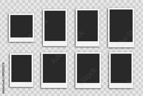 Realistic empty polaroid photo frame set. Instant picture frame mock up with shadow vector illustration on transparent background