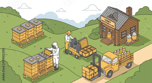 Beekeeper moving honey boxes outdoors.