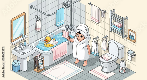 Child enjoys bath time with rubber ducky and towel.