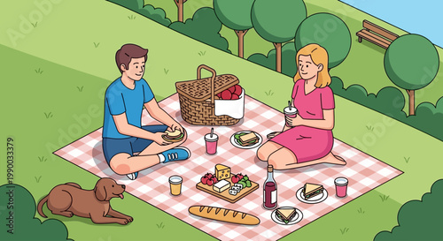 Couple enjoying a summer picnic with their dog in the park.