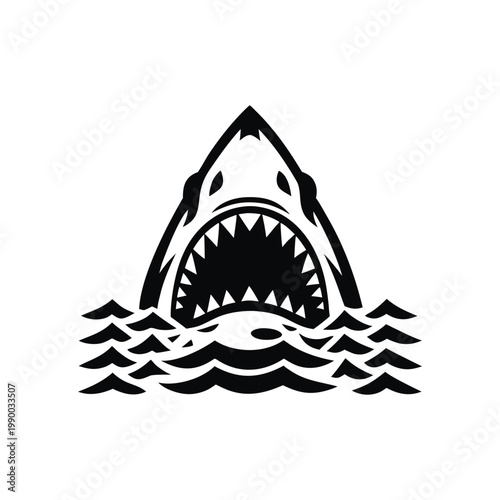 Black and white illustration of a shark emerging with ferocious jagged teeth vector hand drawn image
