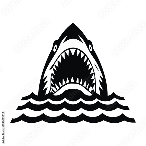 Black and white illustration of a shark emerging with ferocious jagged teeth vector hand drawn image