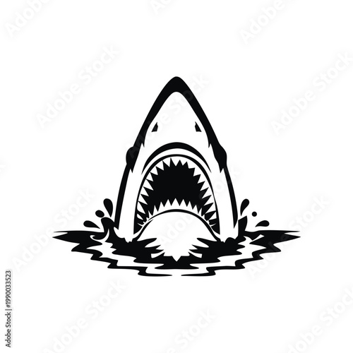 Black and white illustration of a shark emerging with ferocious jagged teeth vector hand drawn image