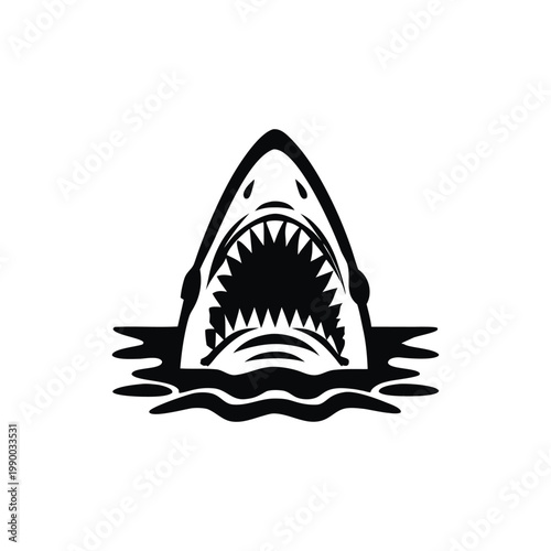 Black and white illustration of a shark emerging with ferocious jagged teeth vector hand drawn image