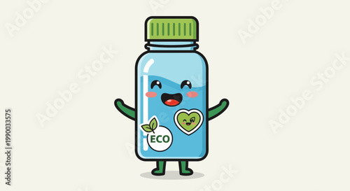 Cute cartoon water bottle with eco friendly stickers, happy face, kawaii style