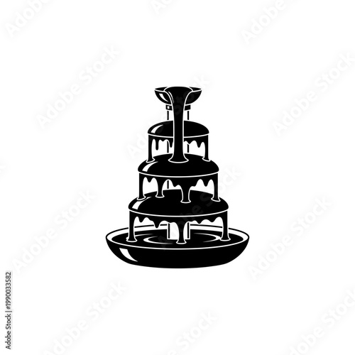 A chocolate fountain with multiple tiers stands on a white background