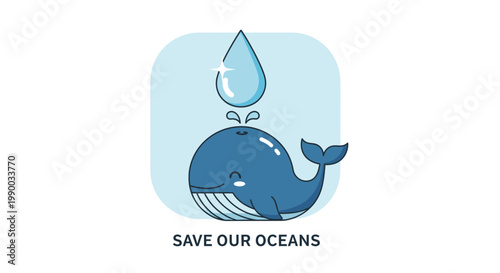 Cute whale with water drop icon, save our oceans concept