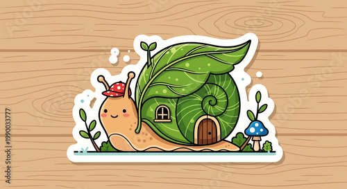 Cute Snail House Sticker with Leaf Shell on Wooden Background